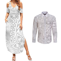 Personalised Tonga White Sunday Couples Matching Summer Maxi Dress and Long Sleeve Button Shirts Tropical Plant With Polynesian Pattern LT9 White - Polynesian Pride