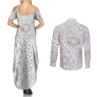 Personalised Tonga White Sunday Couples Matching Summer Maxi Dress and Long Sleeve Button Shirts Tropical Plant With Polynesian Pattern LT9 - Polynesian Pride