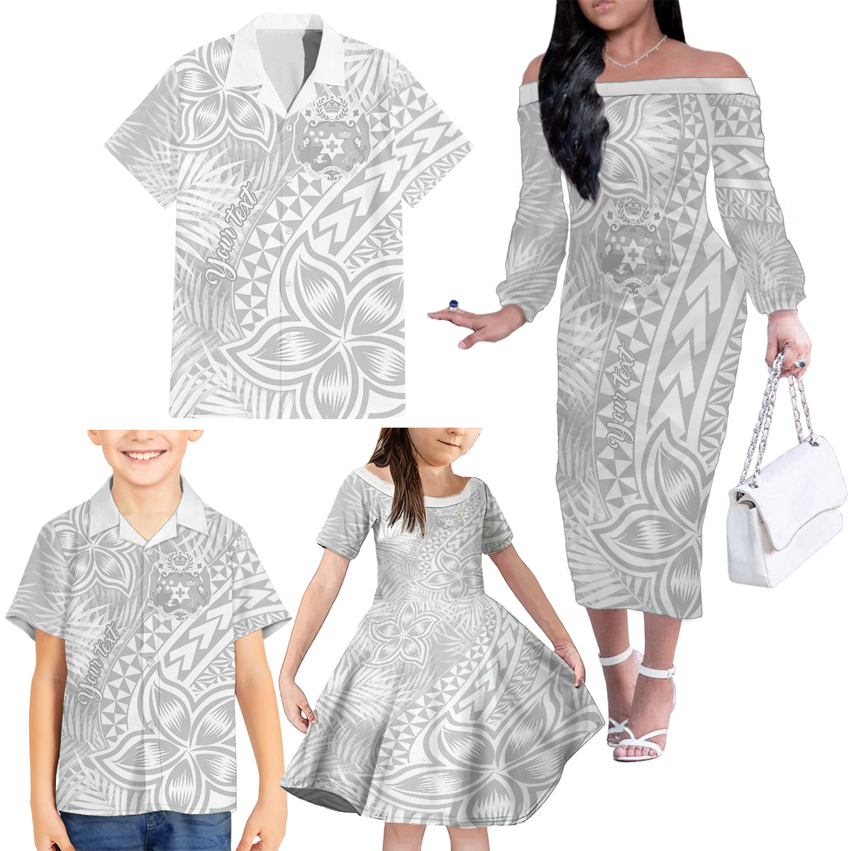 Personalised Tonga White Sunday Family Matching Off Shoulder Long Sleeve Dress and Hawaiian Shirt Tropical Plant With Polynesian Pattern LT9 - Polynesian Pride