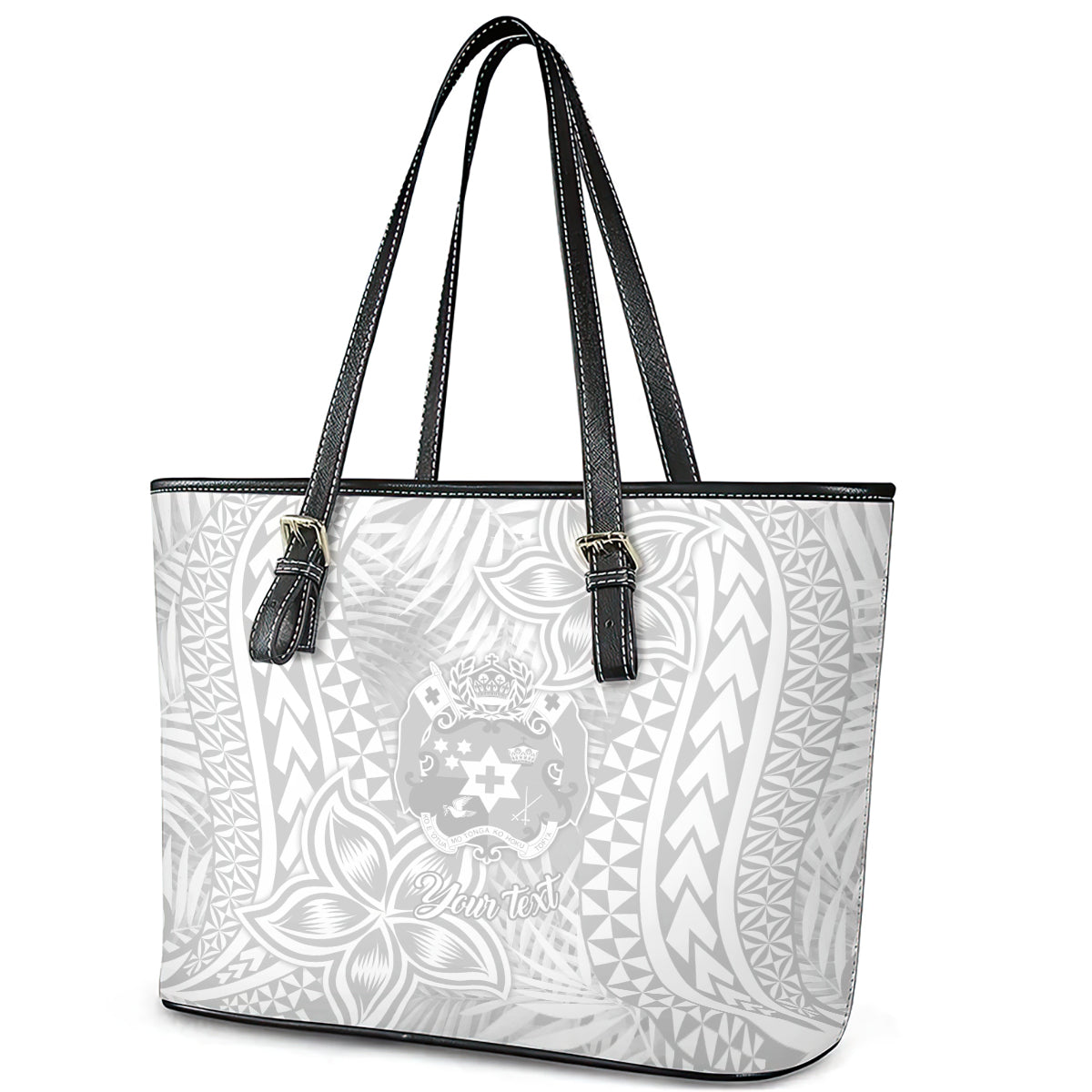 Personalised Tonga White Sunday Leather Tote Bag Tropical Plant With Polynesian Pattern LT9 - Polynesian Pride