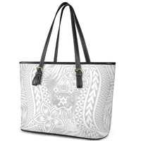 Personalised Tonga White Sunday Leather Tote Bag Tropical Plant With Polynesian Pattern LT9 - Polynesian Pride