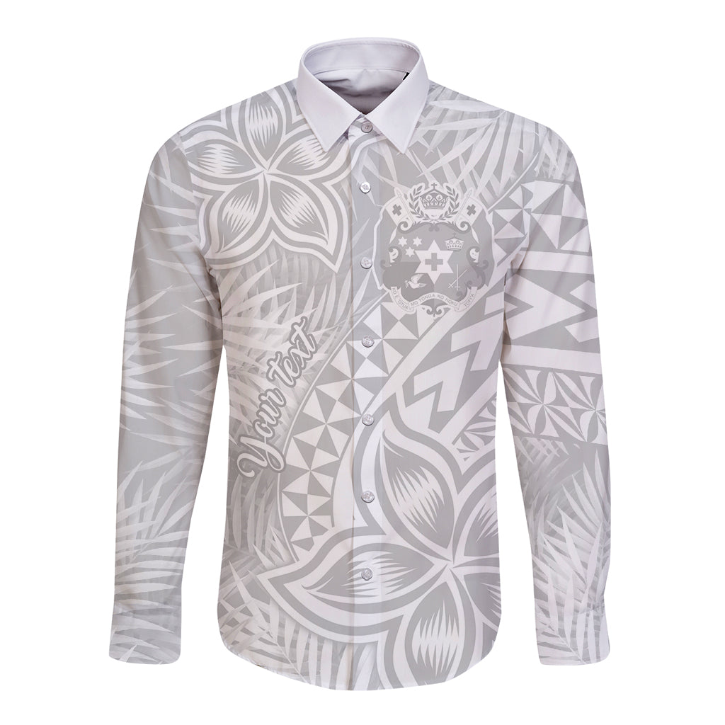 Personalised Tonga White Sunday Long Sleeve Button Shirt Tropical Plant With Polynesian Pattern LT9 Unisex White - Polynesian Pride