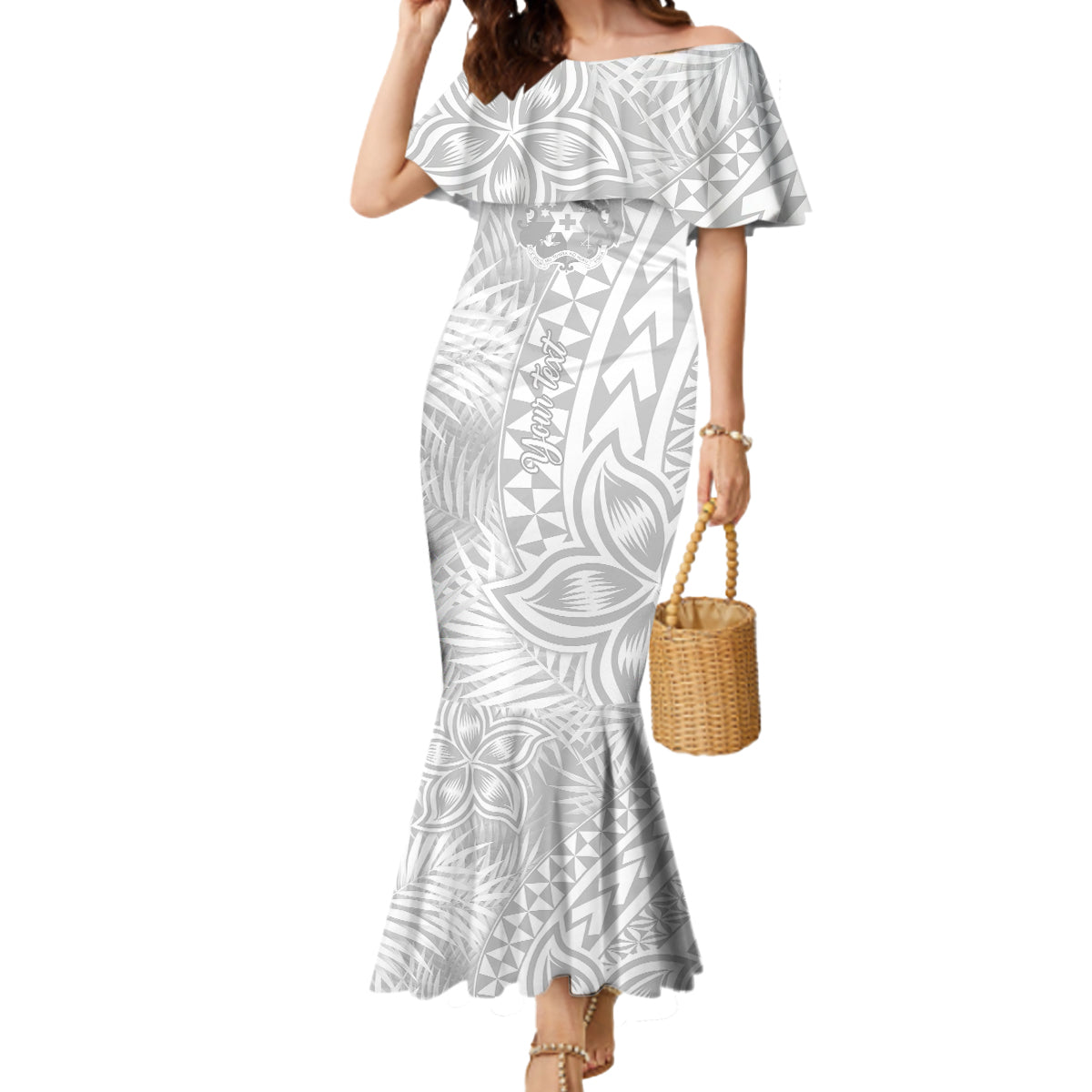 Personalised Tonga White Sunday Mermaid Dress Tropical Plant With Polynesian Pattern LT9 Women White - Polynesian Pride