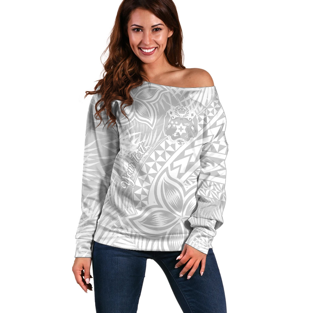 Personalised Tonga White Sunday Off Shoulder Sweater Tropical Plant With Polynesian Pattern LT9 Women White - Polynesian Pride