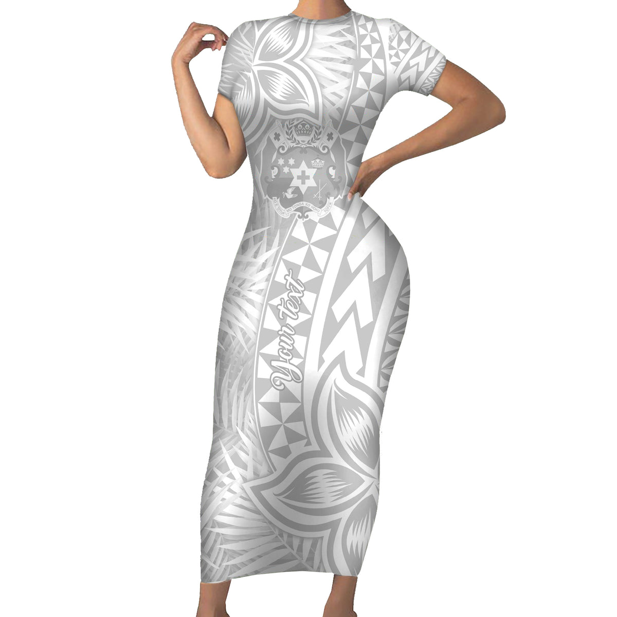 Personalised Tonga White Sunday Short Sleeve Bodycon Dress Tropical Plant With Polynesian Pattern LT9 Long Dress White - Polynesian Pride