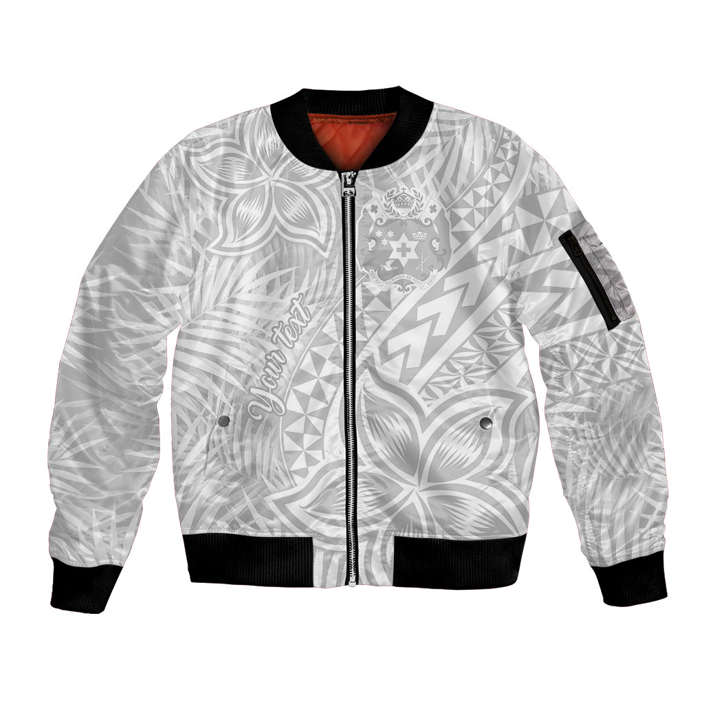 Personalised Tonga White Sunday Sleeve Zip Bomber Jacket Tropical Plant With Polynesian Pattern LT9 Unisex White - Polynesian Pride