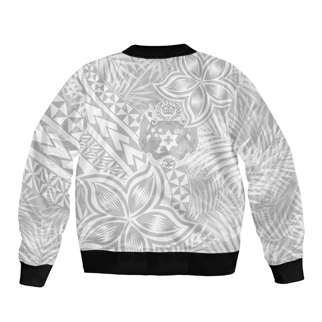 Personalised Tonga White Sunday Sleeve Zip Bomber Jacket Tropical Plant With Polynesian Pattern LT9 - Polynesian Pride
