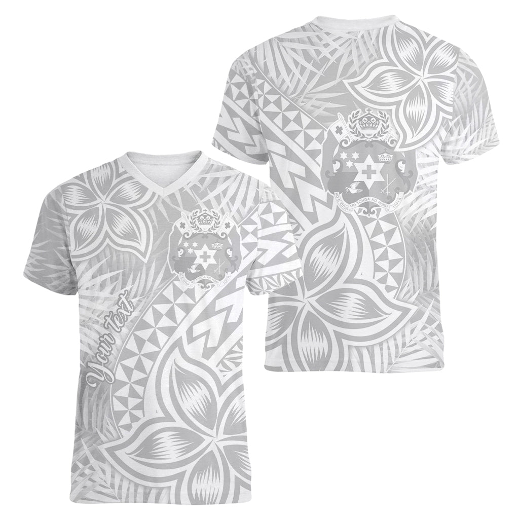 Personalised Tonga White Sunday Women V Neck T Shirt Tropical Plant With Polynesian Pattern LT9 - Polynesian Pride
