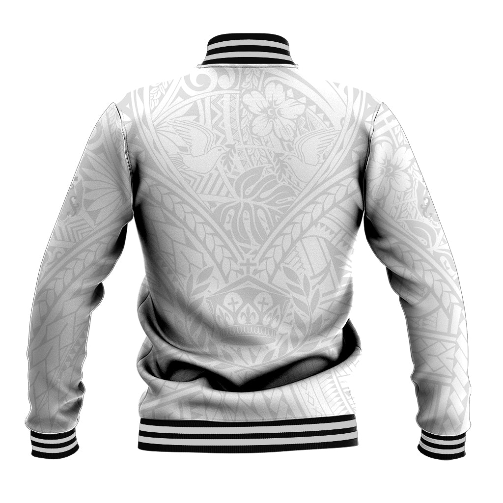 Tonga White Sunday Baseball Jacket Polynesian Plumeria Tribal Simple LT9 - Polynesian Pride