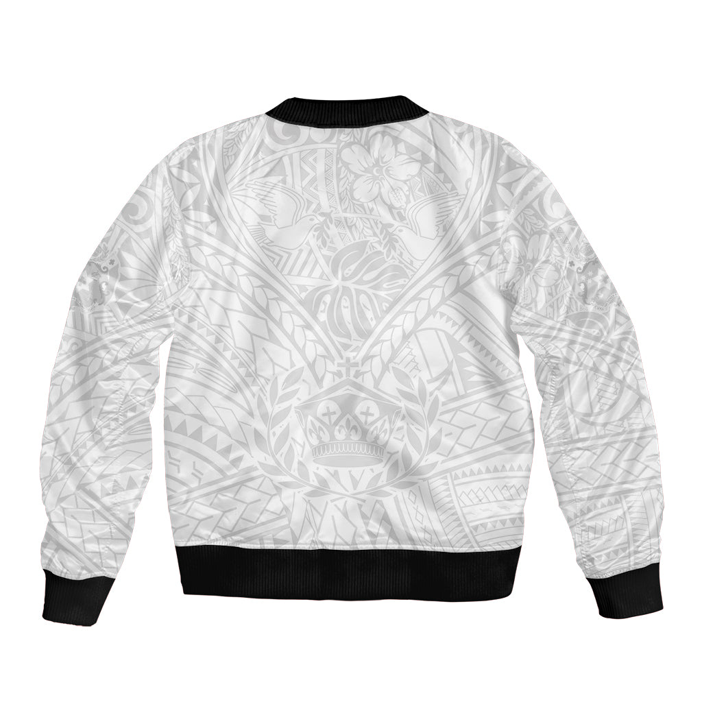 Tonga White Sunday Bomber Jacket Polynesian Plumeria Tribal Simple LT9 - Polynesian Pride