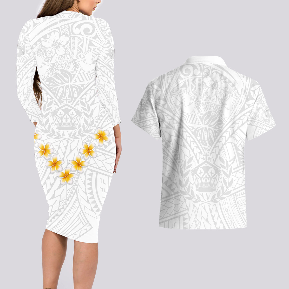 Tonga White Sunday Couples Matching Long Sleeve Bodycon Dress and Hawaiian Shirt Polynesian Plumeria Tribal Simple LT9 - Polynesian Pride