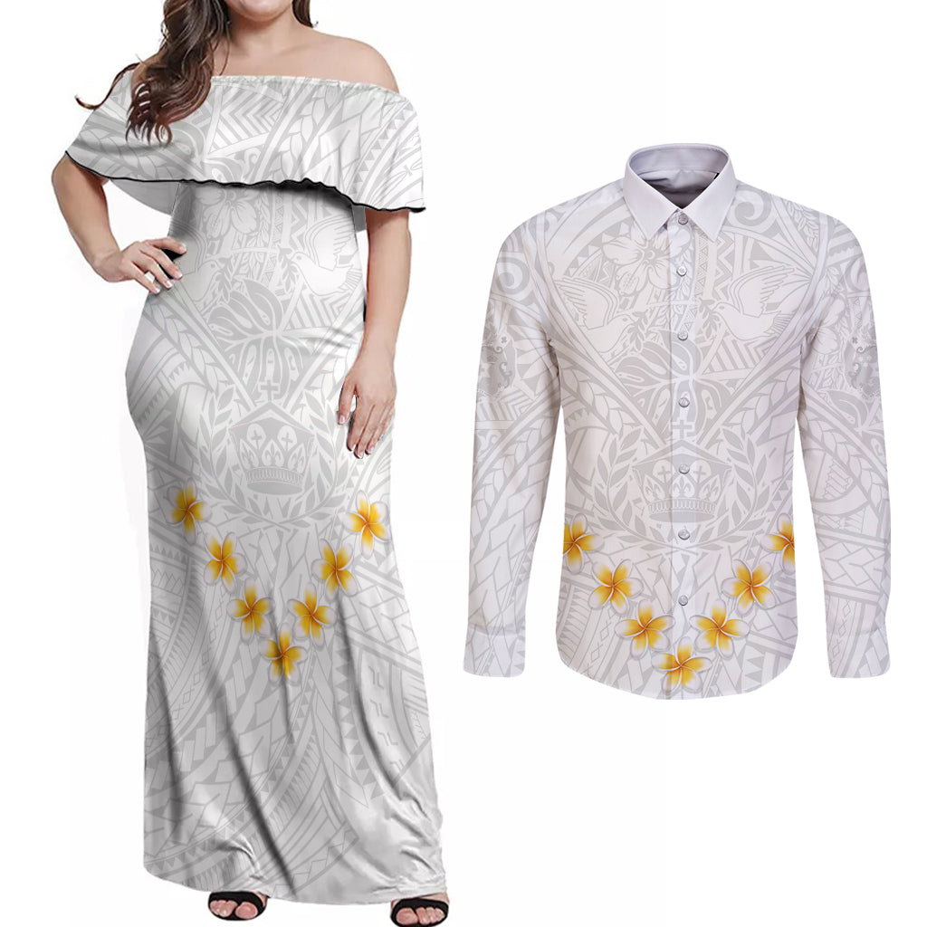 Tonga White Sunday Couples Matching Off Shoulder Maxi Dress and Long Sleeve Button Shirts Polynesian Plumeria Tribal Simple LT9 White - Polynesian Pride