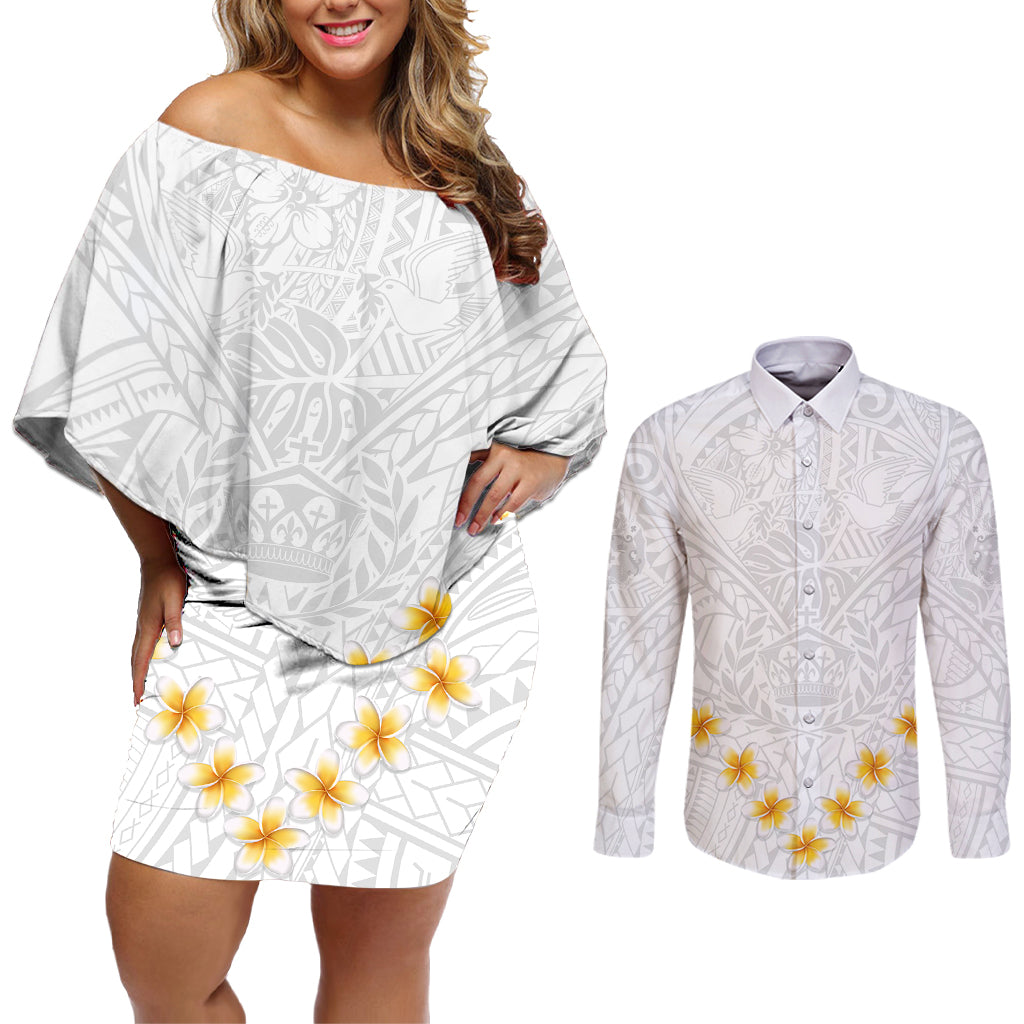 Tonga White Sunday Couples Matching Off Shoulder Short Dress and Long Sleeve Button Shirts Polynesian Plumeria Tribal Simple LT9 White - Polynesian Pride