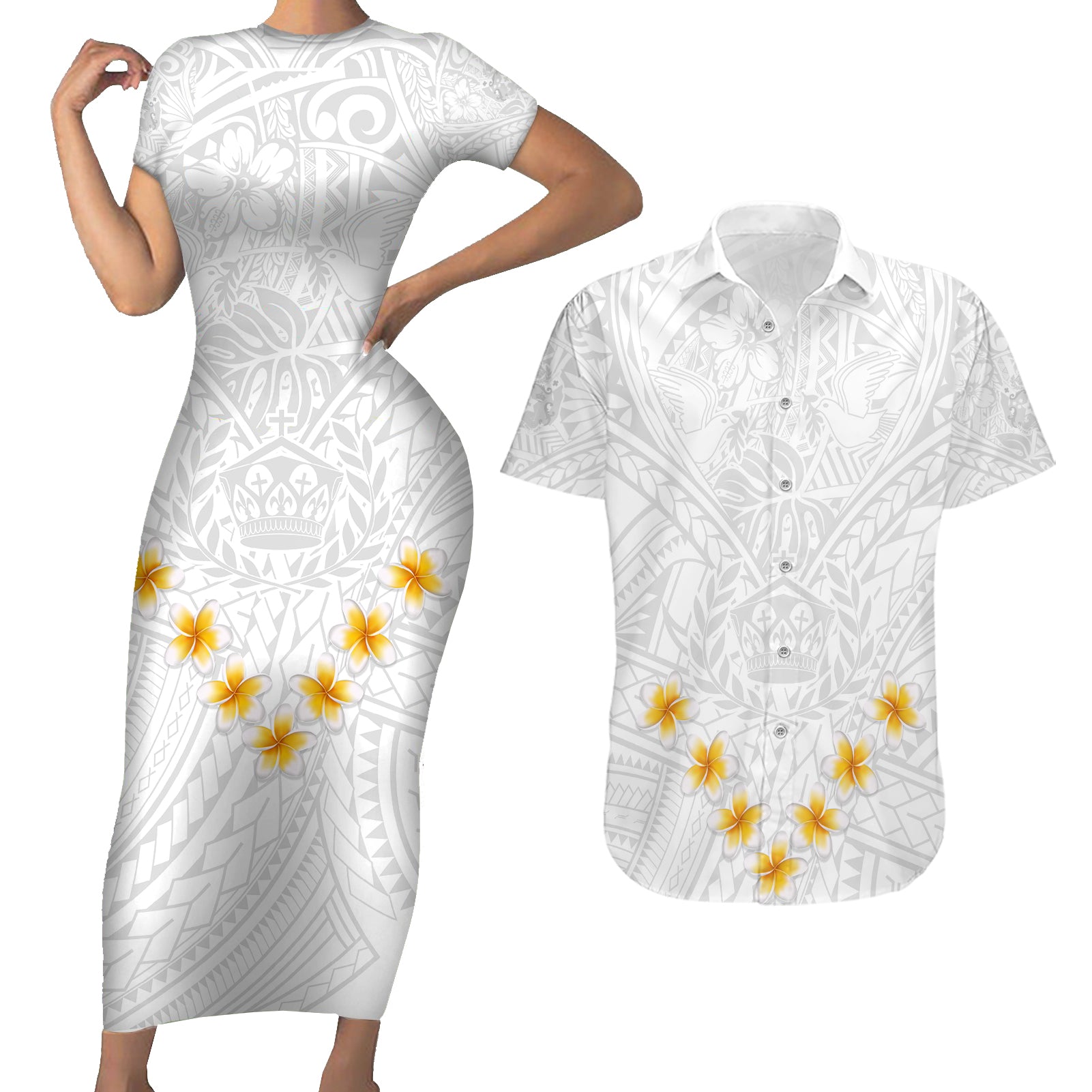 Tonga White Sunday Couples Matching Short Sleeve Bodycon Dress and Hawaiian Shirt Polynesian Plumeria Tribal Simple LT9 White - Polynesian Pride