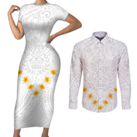 Tonga White Sunday Couples Matching Short Sleeve Bodycon Dress and Long Sleeve Button Shirts Polynesian Plumeria Tribal Simple LT9 White - Polynesian Pride