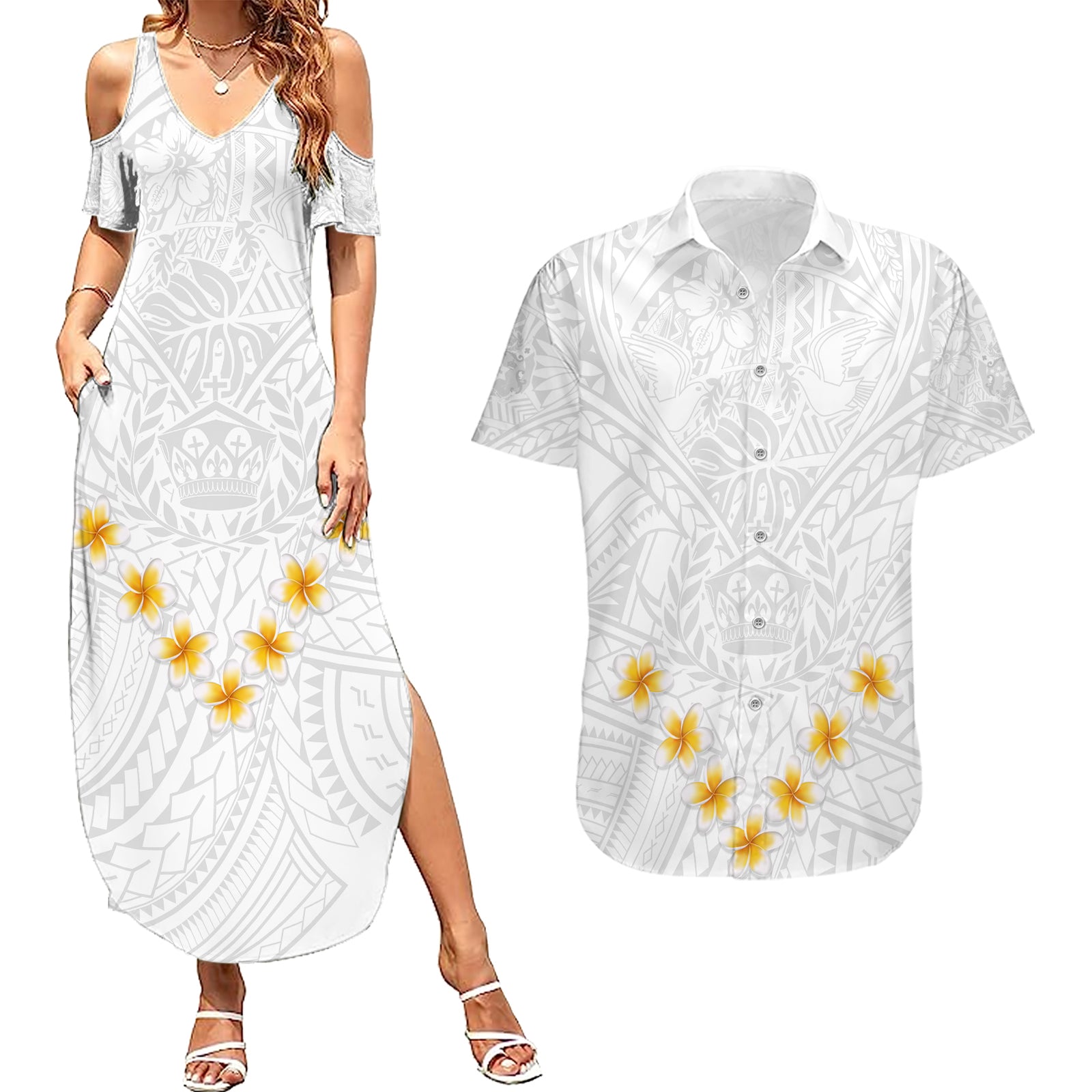 Tonga White Sunday Couples Matching Summer Maxi Dress and Hawaiian Shirt Polynesian Plumeria Tribal Simple LT9 White - Polynesian Pride