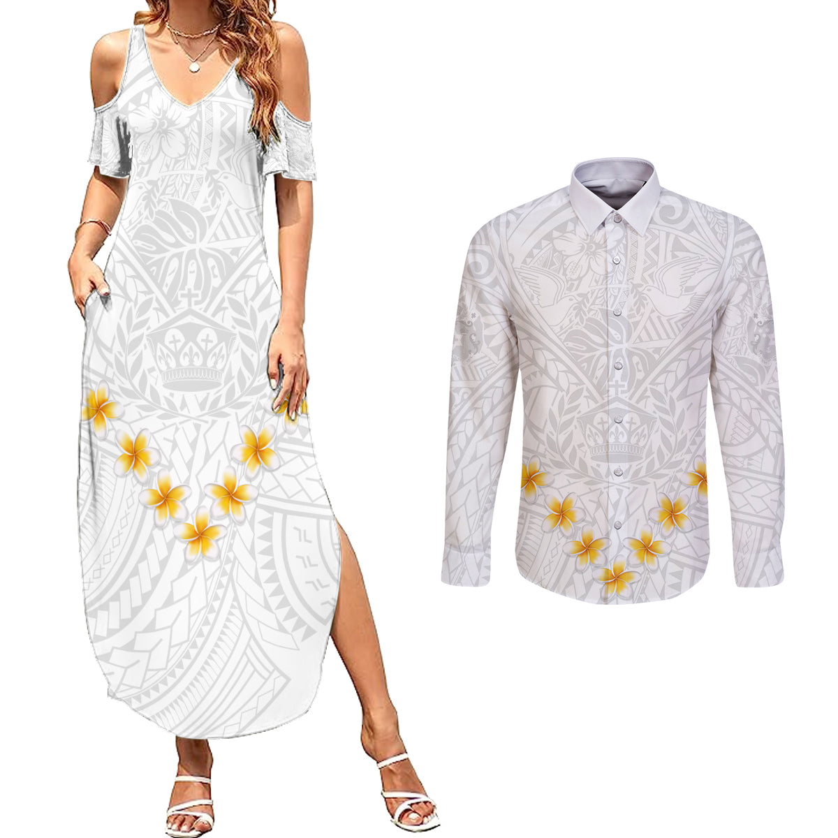 Tonga White Sunday Couples Matching Summer Maxi Dress and Long Sleeve Button Shirts Polynesian Plumeria Tribal Simple LT9 White - Polynesian Pride