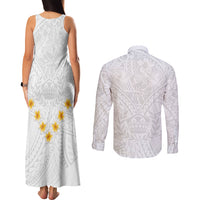 Tonga White Sunday Couples Matching Tank Maxi Dress and Long Sleeve Button Shirts Polynesian Plumeria Tribal Simple LT9 - Polynesian Pride