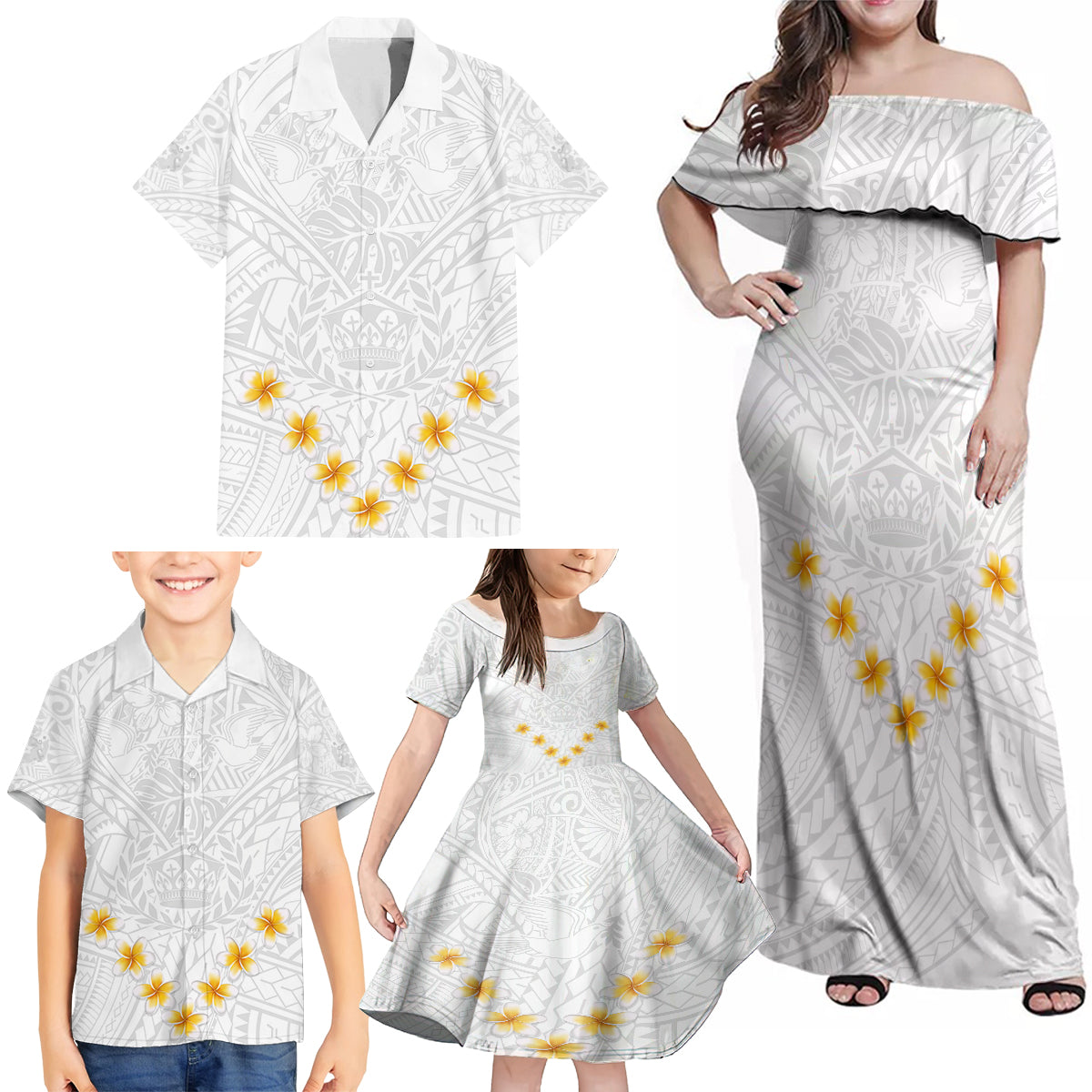 Tonga White Sunday Family Matching Off Shoulder Maxi Dress and Hawaiian Shirt Polynesian Plumeria Tribal Simple LT9 - Polynesian Pride