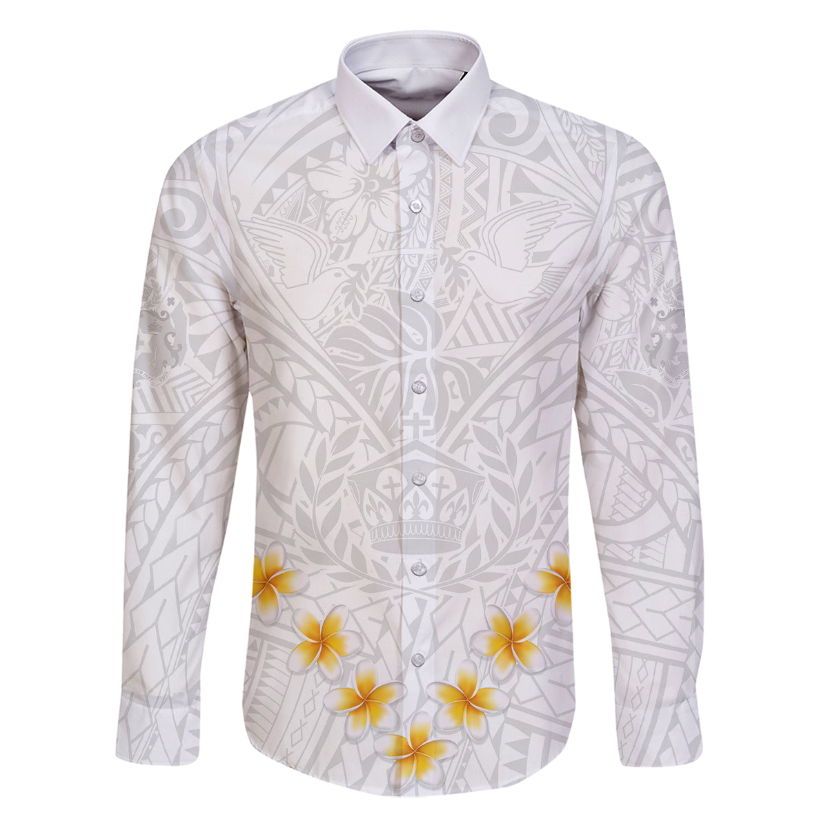 Tonga White Sunday Family Matching Puletasi Dress and Hawaiian Shirt Polynesian Plumeria Tribal Simple LT9 Dad's Shirt - Long Sleeve White - Polynesian Pride