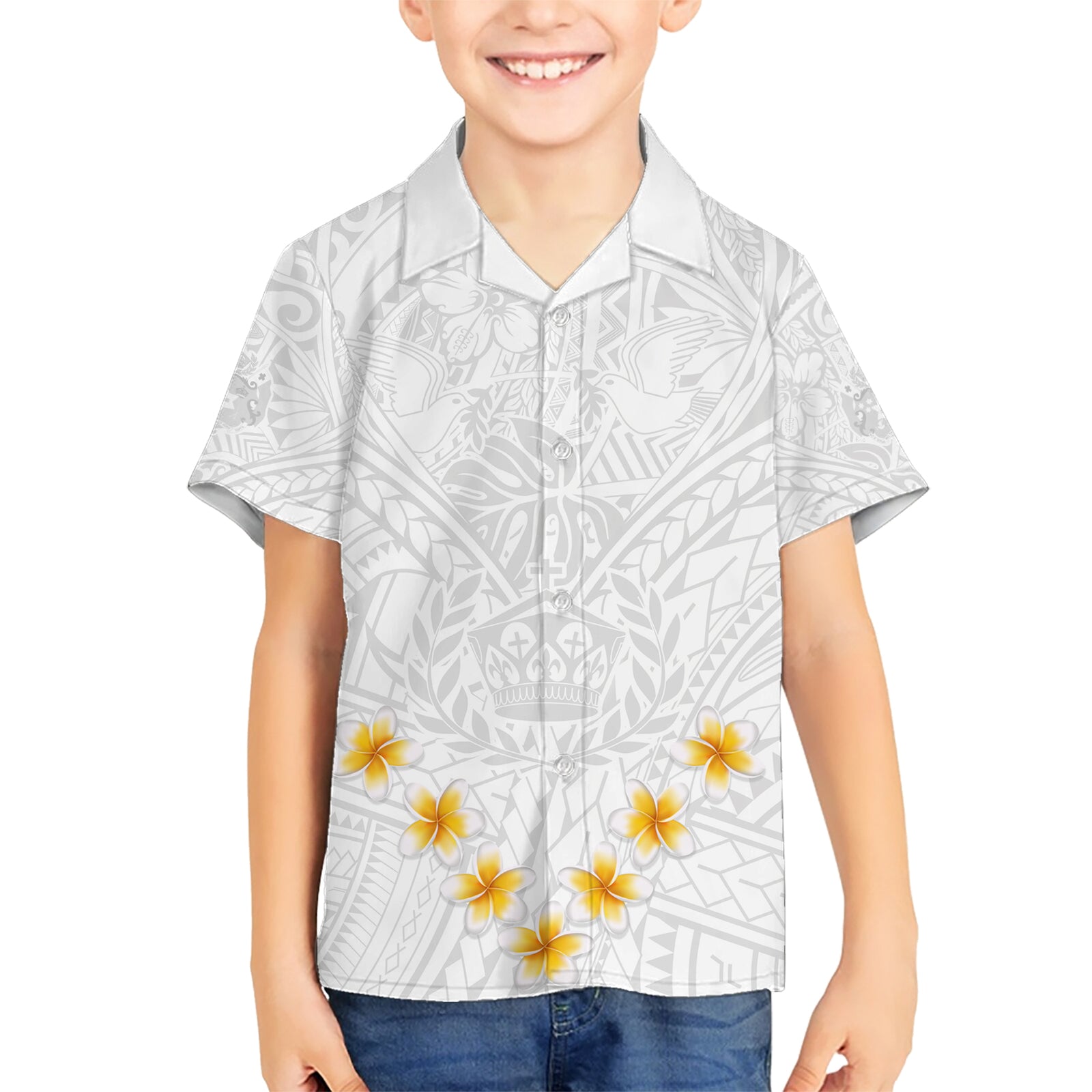 Tonga White Sunday Kid Hawaiian Shirt Polynesian Plumeria Tribal Simple LT9 Kid White - Polynesian Pride