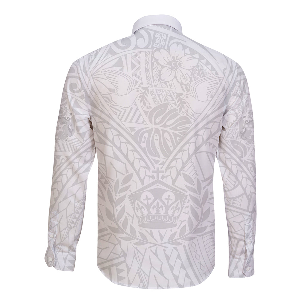 Tonga White Sunday Long Sleeve Button Shirt Polynesian Plumeria Tribal Simple LT9 - Polynesian Pride