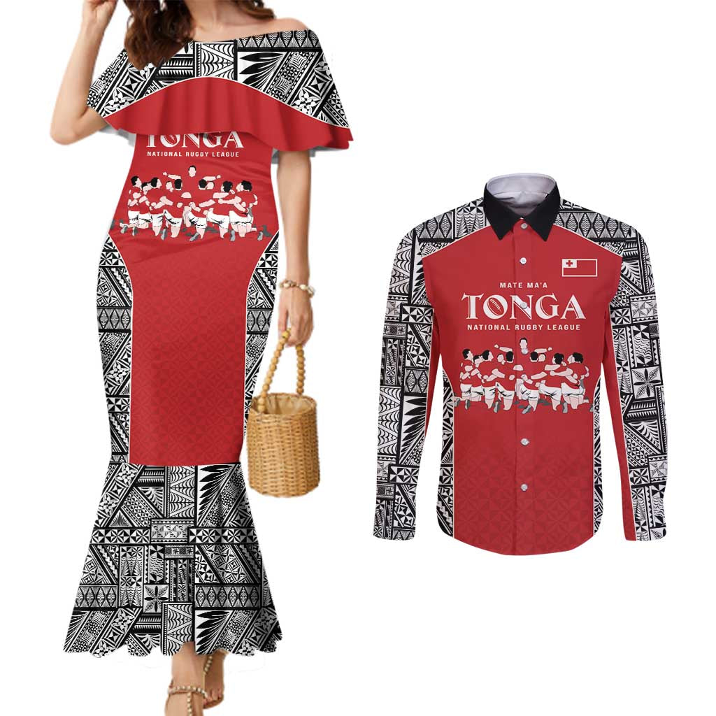 Custom Tonga Rugby Mate Ma'a Couples Matching Mermaid Dress and Long Sleeve Button Shirt Tonga XIII Make History Pacific Champions