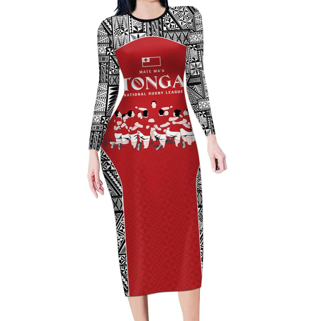 Custom Tonga Rugby Mate Ma'a Family Matching Long Sleeve Bodycon Dress and Hawaiian Shirt Tonga XIII Make History Pacific Champions LT9 Mom's Dress Red - Polynesian Pride