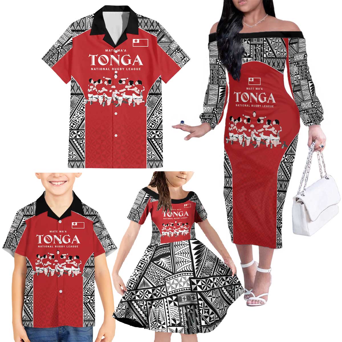 Custom Tonga Rugby Mate Ma'a Family Matching Off The Shoulder Long Sleeve Dress and Hawaiian Shirt Tonga XIII Make History Pacific Champions LT9 - Polynesian Pride