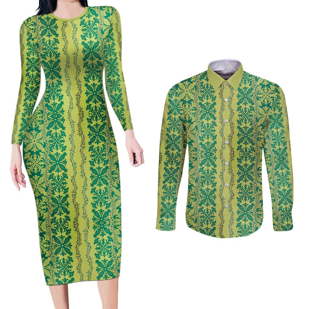 Hawaii Lei with Tribal Quilt Motif Couples Matching Long Sleeve Bodycon Dress and Long Sleeve Button Shirt