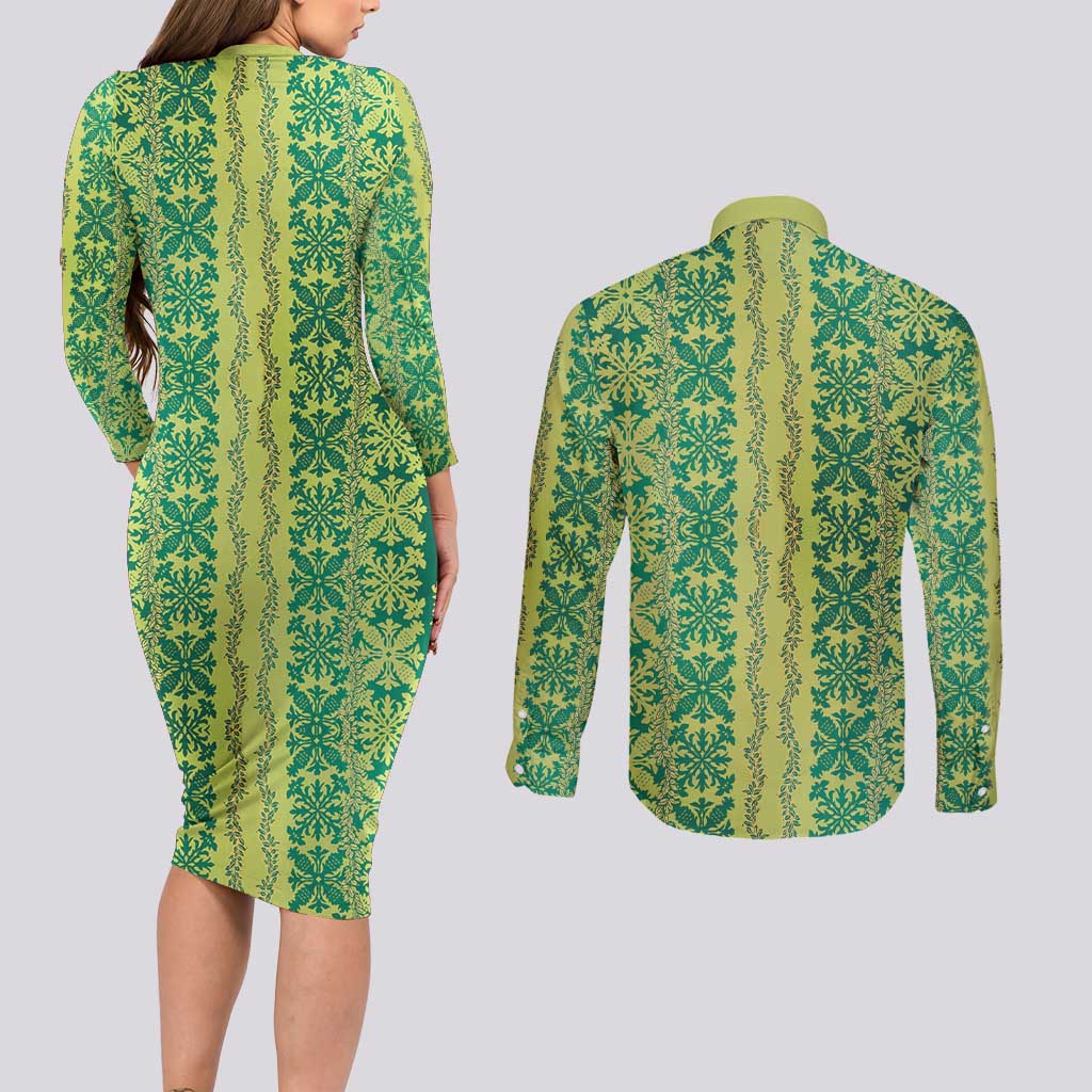 Hawaii Lei with Tribal Quilt Motif Couples Matching Long Sleeve Bodycon Dress and Long Sleeve Button Shirt