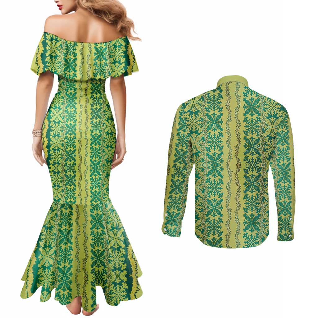 Hawaii Lei with Tribal Quilt Motif Couples Matching Mermaid Dress and Long Sleeve Button Shirt