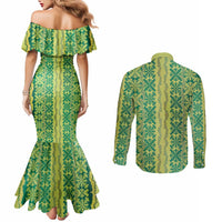 Hawaii Lei with Tribal Quilt Motif Couples Matching Mermaid Dress and Long Sleeve Button Shirt