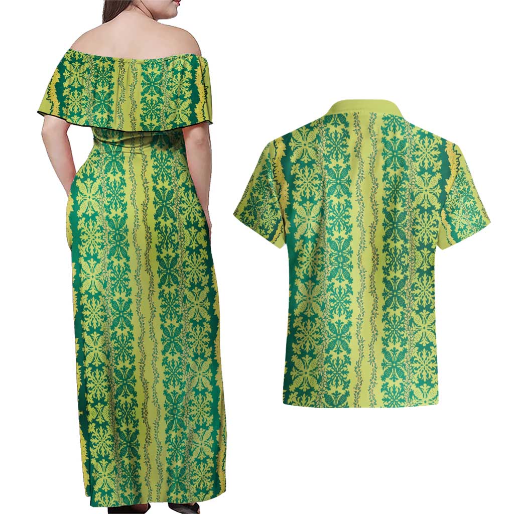 Hawaii Lei with Tribal Quilt Motif Couples Matching Off Shoulder Maxi Dress and Hawaiian Shirt