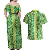 Hawaii Lei with Tribal Quilt Motif Couples Matching Off Shoulder Maxi Dress and Hawaiian Shirt