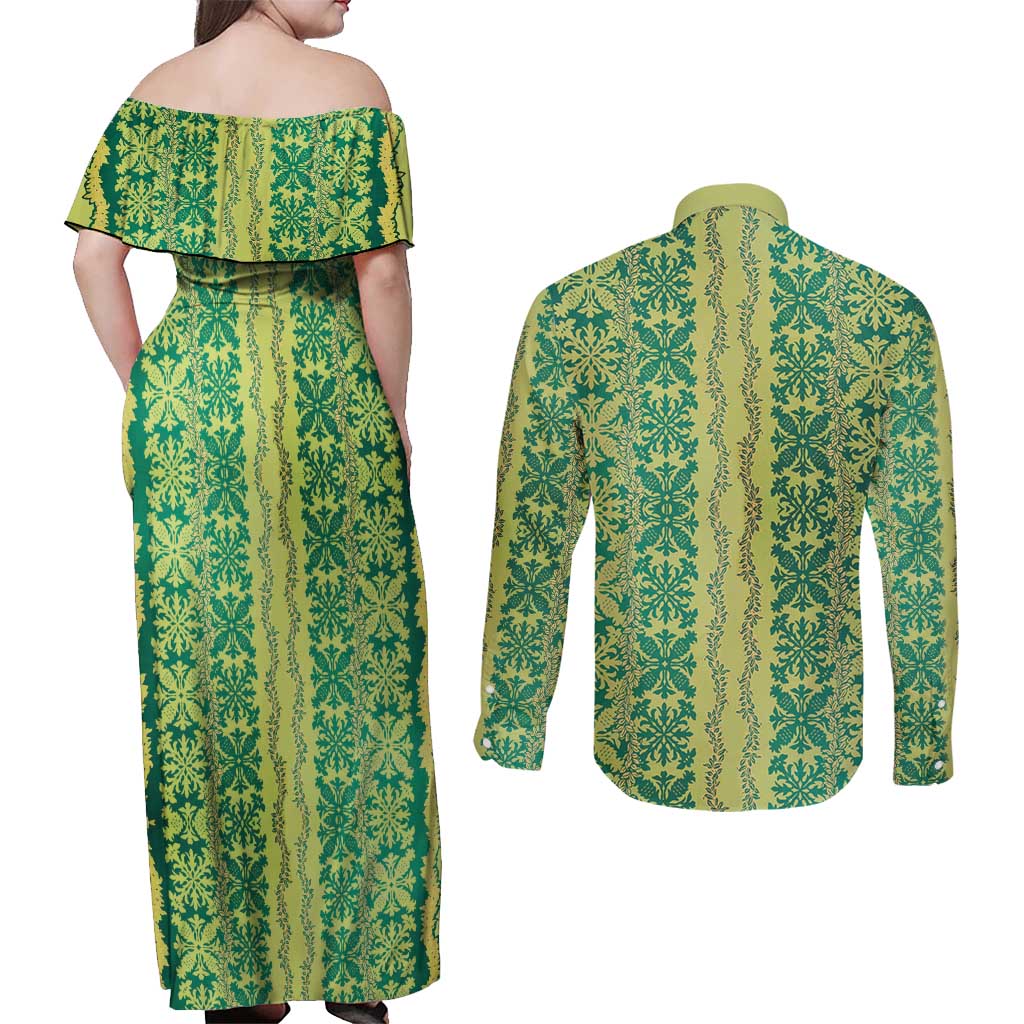 Hawaii Lei with Tribal Quilt Motif Couples Matching Off Shoulder Maxi Dress and Long Sleeve Button Shirt