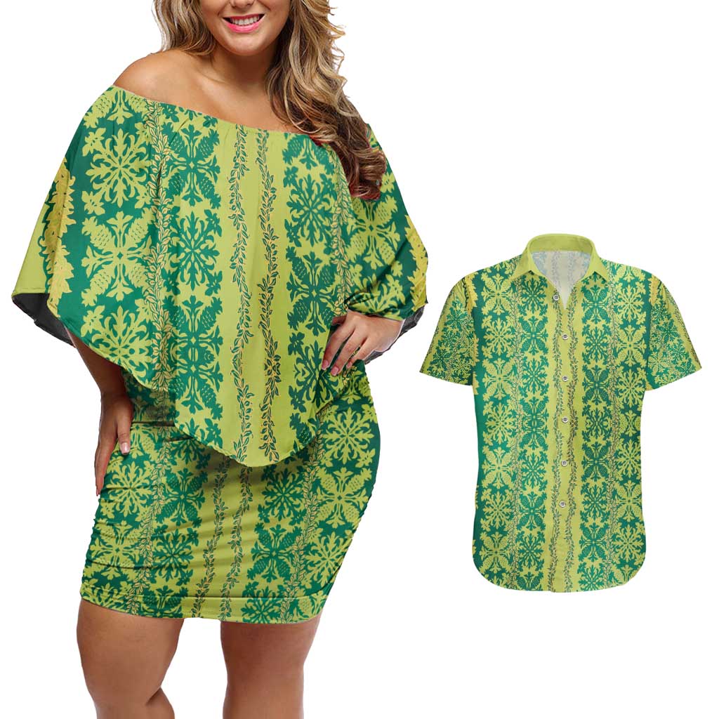 Hawaii Lei with Tribal Quilt Motif Couples Matching Off Shoulder Short Dress and Hawaiian Shirt