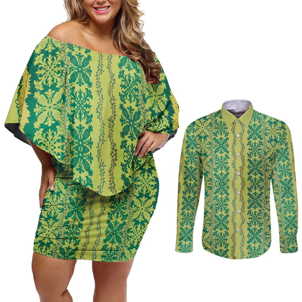 Hawaii Lei with Tribal Quilt Motif Couples Matching Off Shoulder Short Dress and Long Sleeve Button Shirt