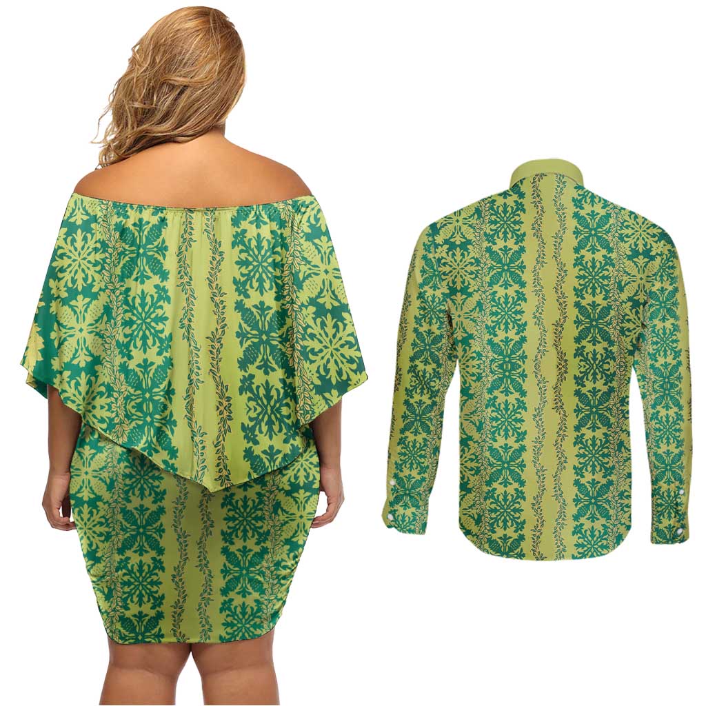 Hawaii Lei with Tribal Quilt Motif Couples Matching Off Shoulder Short Dress and Long Sleeve Button Shirt