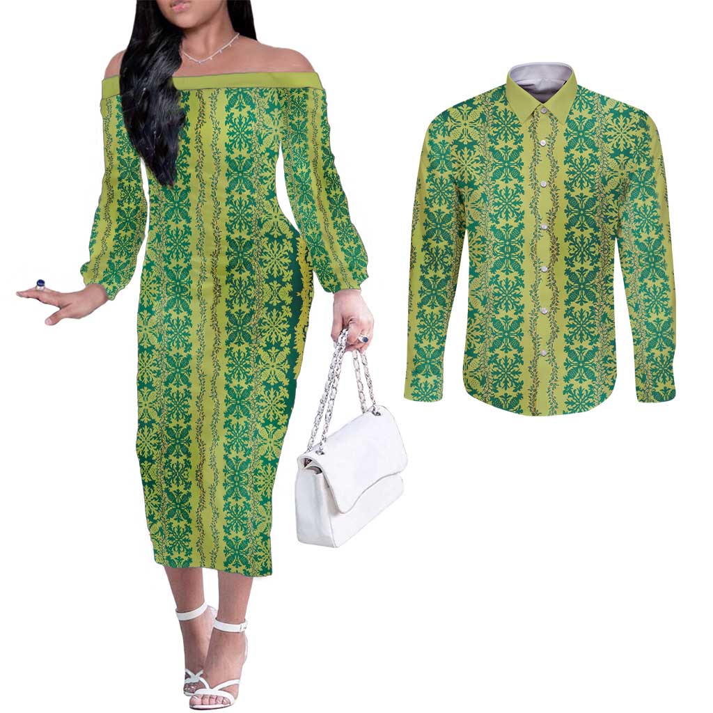 Hawaii Lei with Tribal Quilt Motif Couples Matching Off The Shoulder Long Sleeve Dress and Long Sleeve Button Shirt
