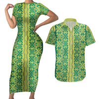 Hawaii Lei with Tribal Quilt Motif Couples Matching Short Sleeve Bodycon Dress and Hawaiian Shirt