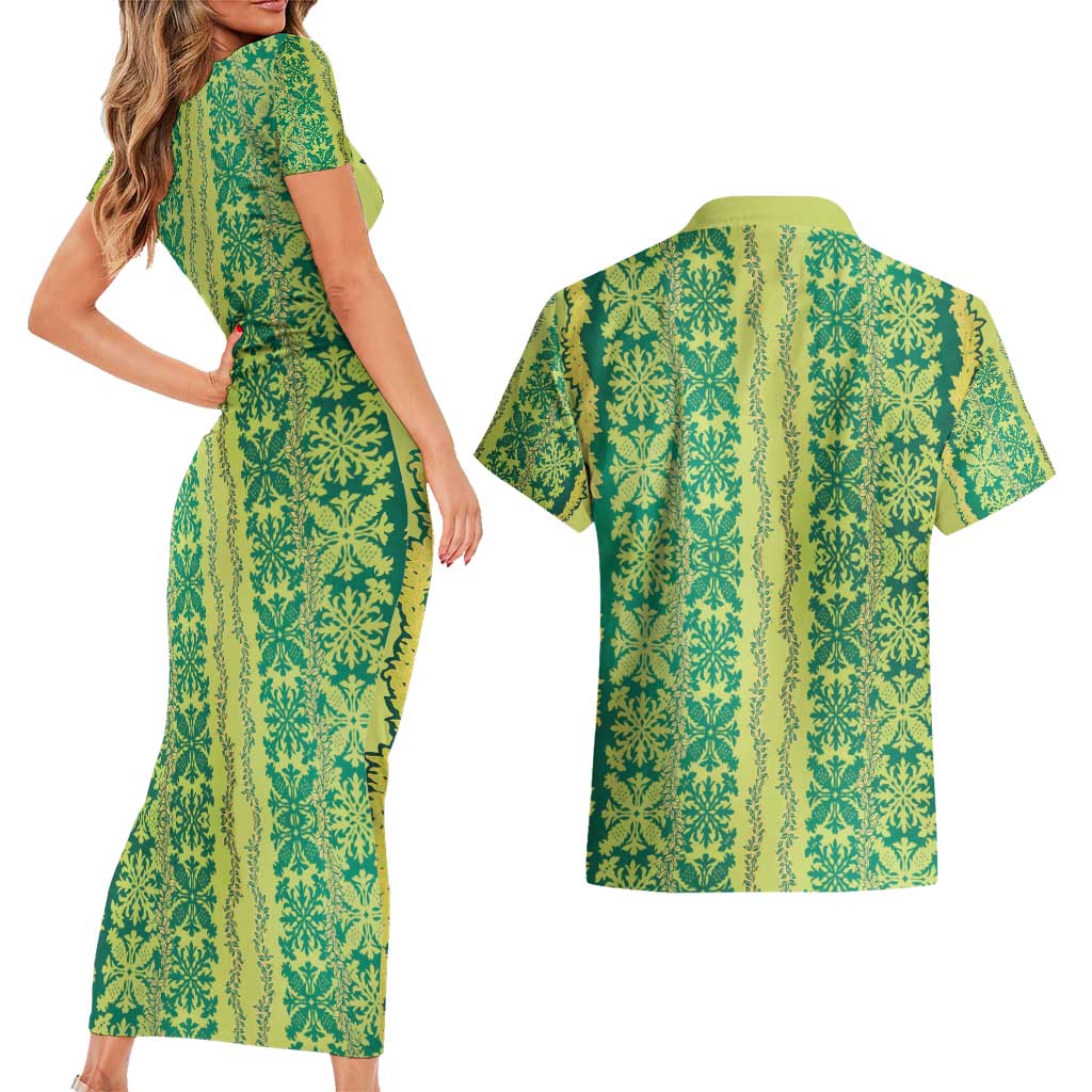 Hawaii Lei with Tribal Quilt Motif Couples Matching Short Sleeve Bodycon Dress and Hawaiian Shirt