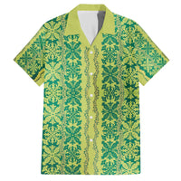 Hawaii Lei with Tribal Quilt Motif Family Matching Off The Shoulder Long Sleeve Dress and Hawaiian Shirt