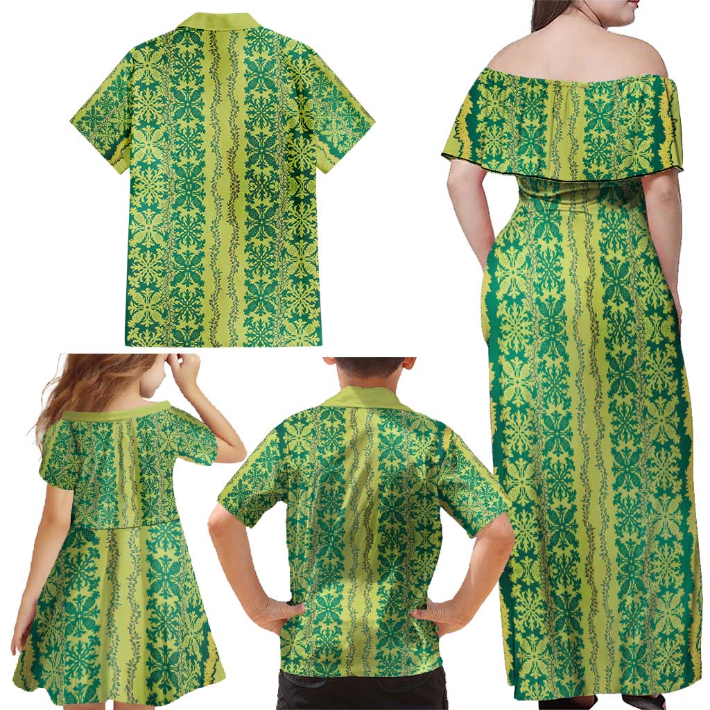 Hawaii Lei with Tribal Quilt Motif Family Matching Off Shoulder Maxi Dress and Hawaiian Shirt