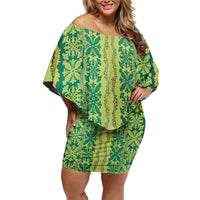Hawaii Lei with Tribal Quilt Motif Family Matching Off Shoulder Short Dress and Hawaiian Shirt