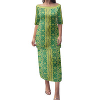 Hawaii Lei with Tribal Quilt Motif Family Matching Puletasi and Hawaiian Shirt