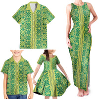Hawaii Lei with Tribal Quilt Motif Family Matching Tank Maxi Dress and Hawaiian Shirt