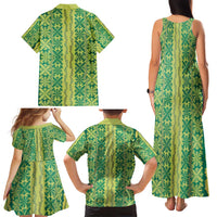 Hawaii Lei with Tribal Quilt Motif Family Matching Tank Maxi Dress and Hawaiian Shirt