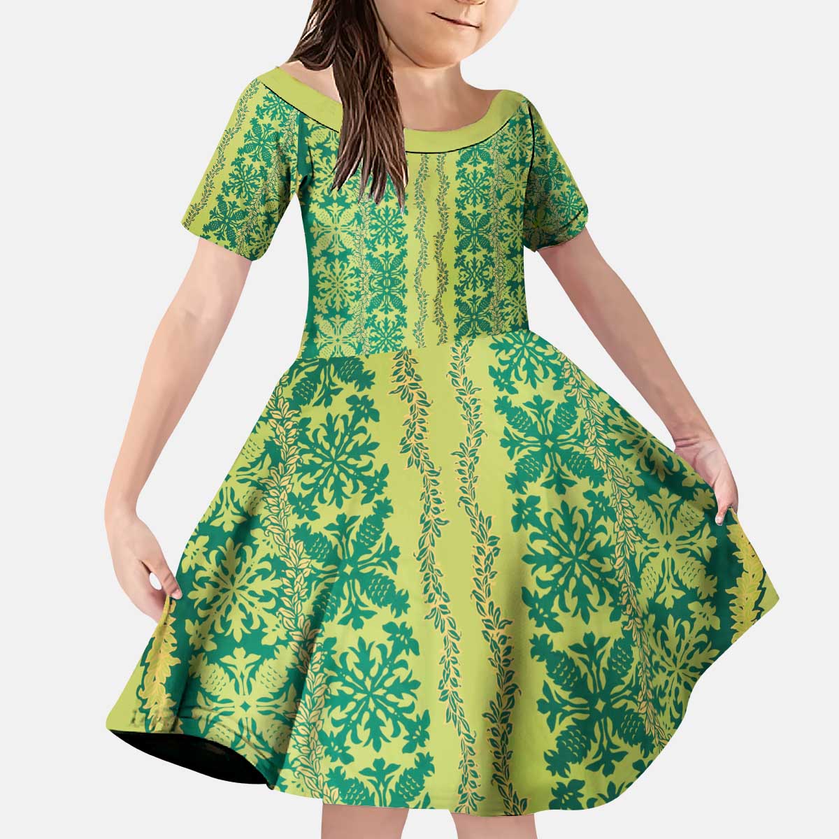 Hawaii Lei with Tribal Quilt Motif Kid Short Sleeve Dress