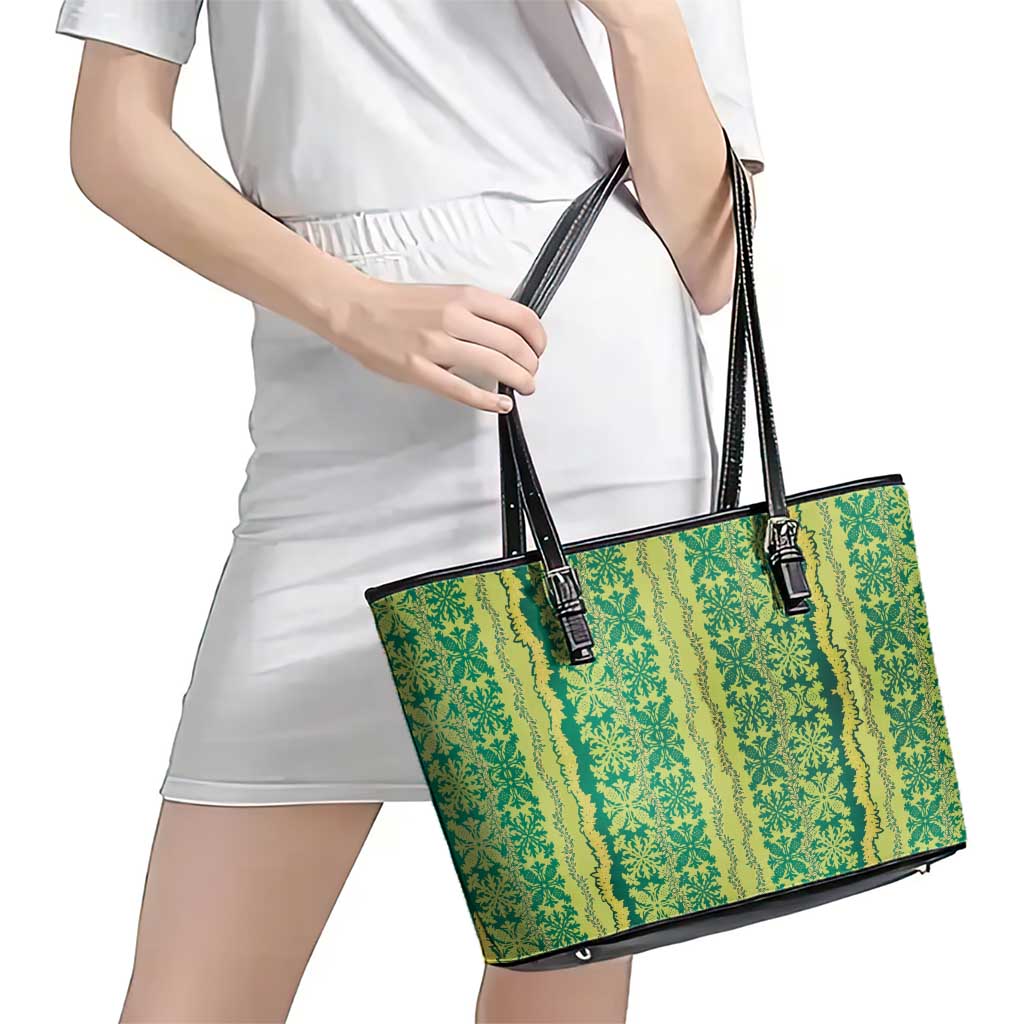 Hawaii Lei with Tribal Quilt Motif Leather Tote Bag